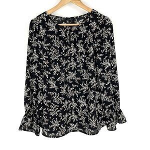 Talbots Top Size Small Black Brown Floral Chiffon Ruffle Bell Sleeve Blouse